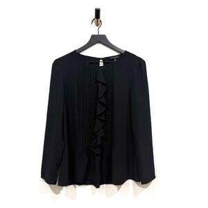 Banana Republic Long Sleeve Ruffle Blouse in Black with Pleats and Keyhole Back